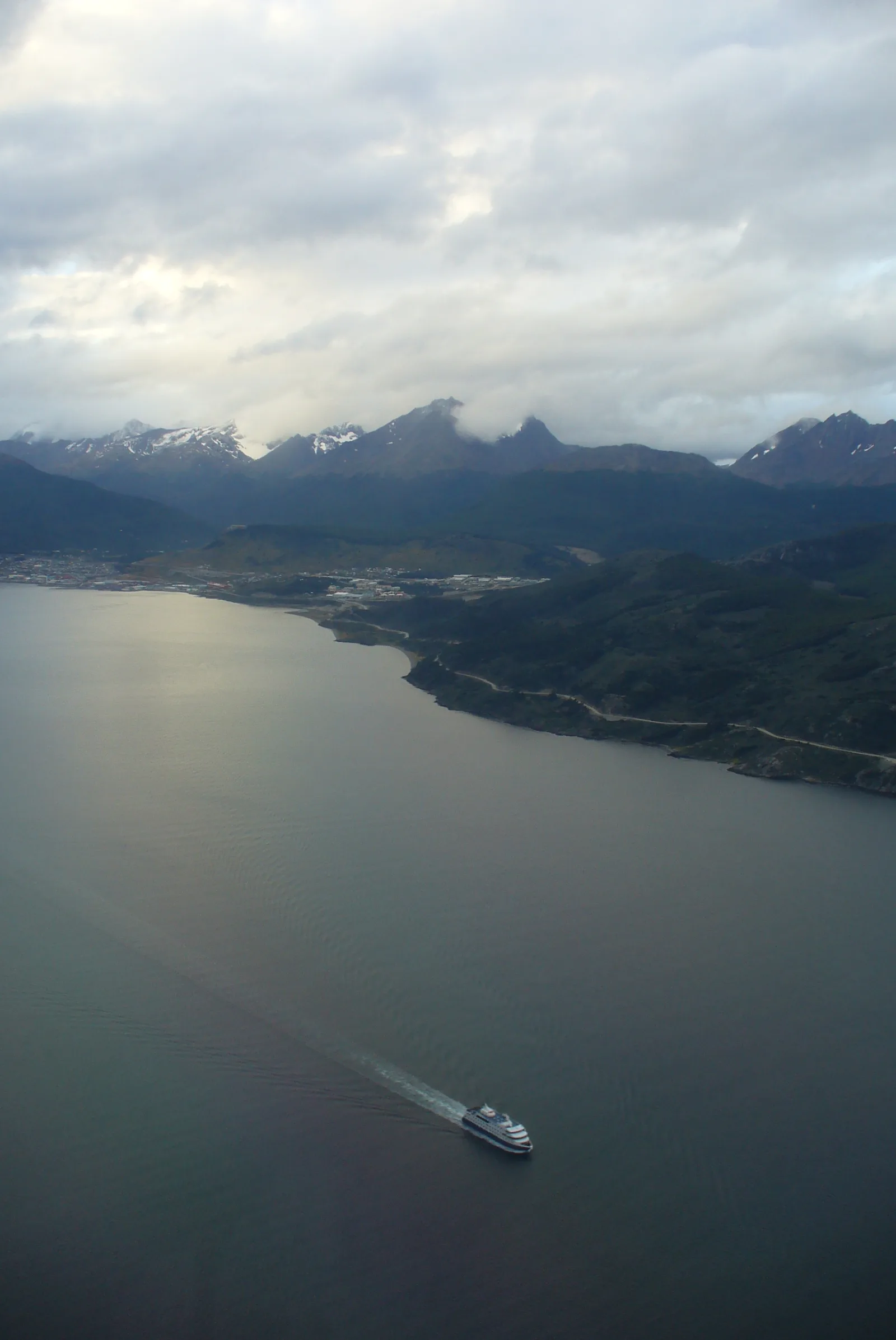 Aerial view across the Beagle Channel toward Ushuaia and the mountains
