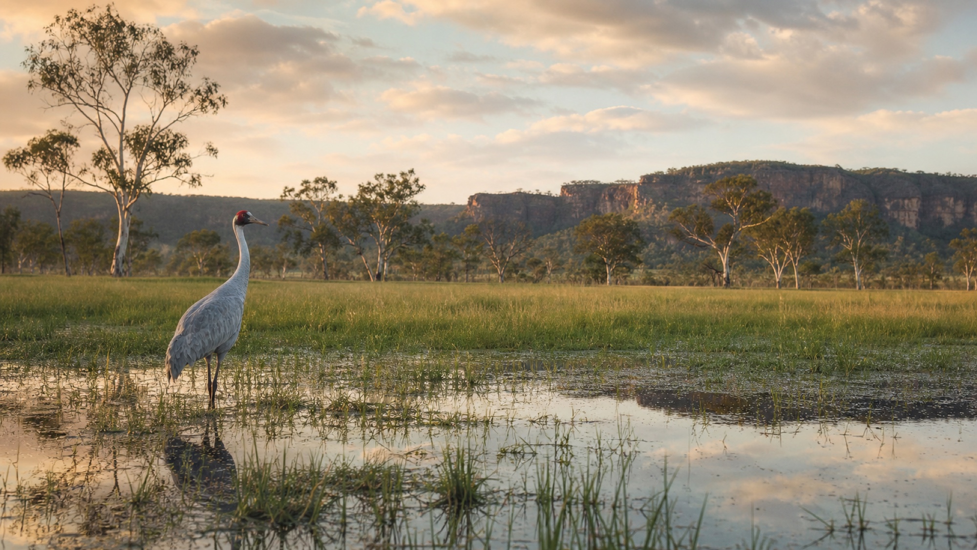 Brolga standing in a sunlit Australian floodplain below sandstone escarpments