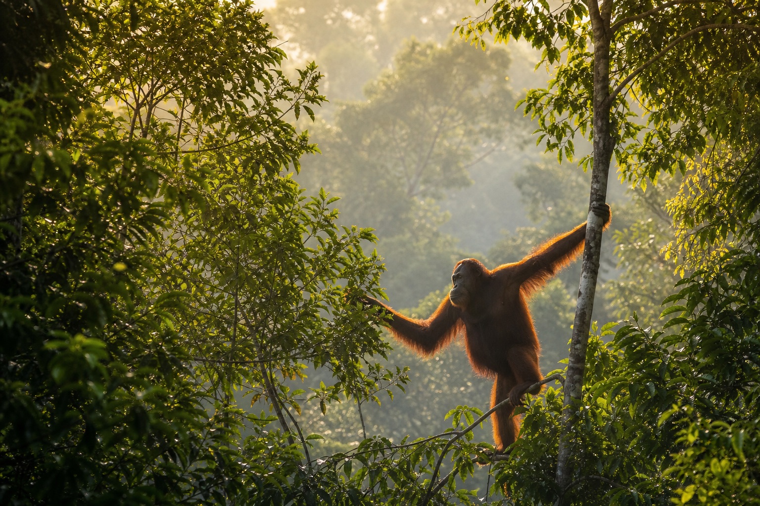 Wild Bornean orangutan moving through the sunlit canopy of Sabah's ancient rainforest