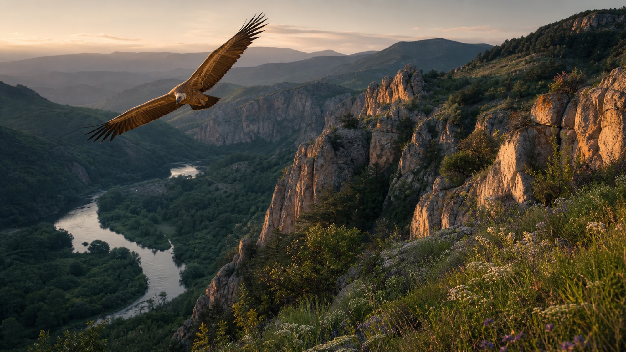 Griffon Vulture gliding above the green valleys and rocky cliffs of Bulgaria's Eastern Rhodope Mountains