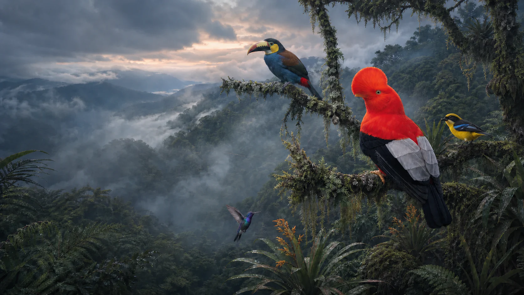 Illustrated Ecuadorian cloud forest with an Andean Cock-of-the-rock, Plate-billed Mountain-Toucan, Blue-winged Mountain-Tanager and Velvet-purple Coronet