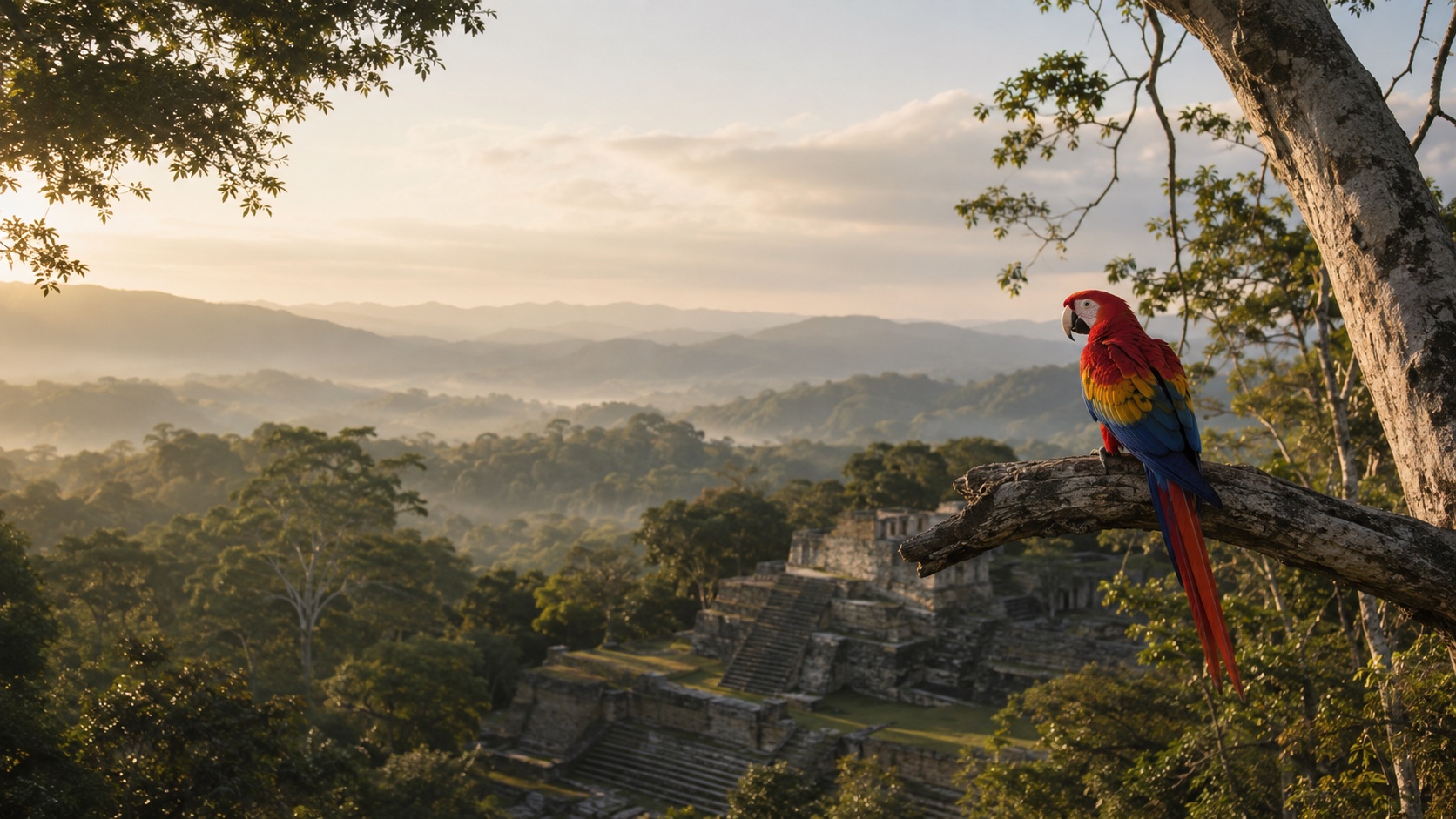AI-generated illustration of a Scarlet Macaw overlooking Maya stone terraces and misty forested hills at dawn, inspired by Copán, Honduras