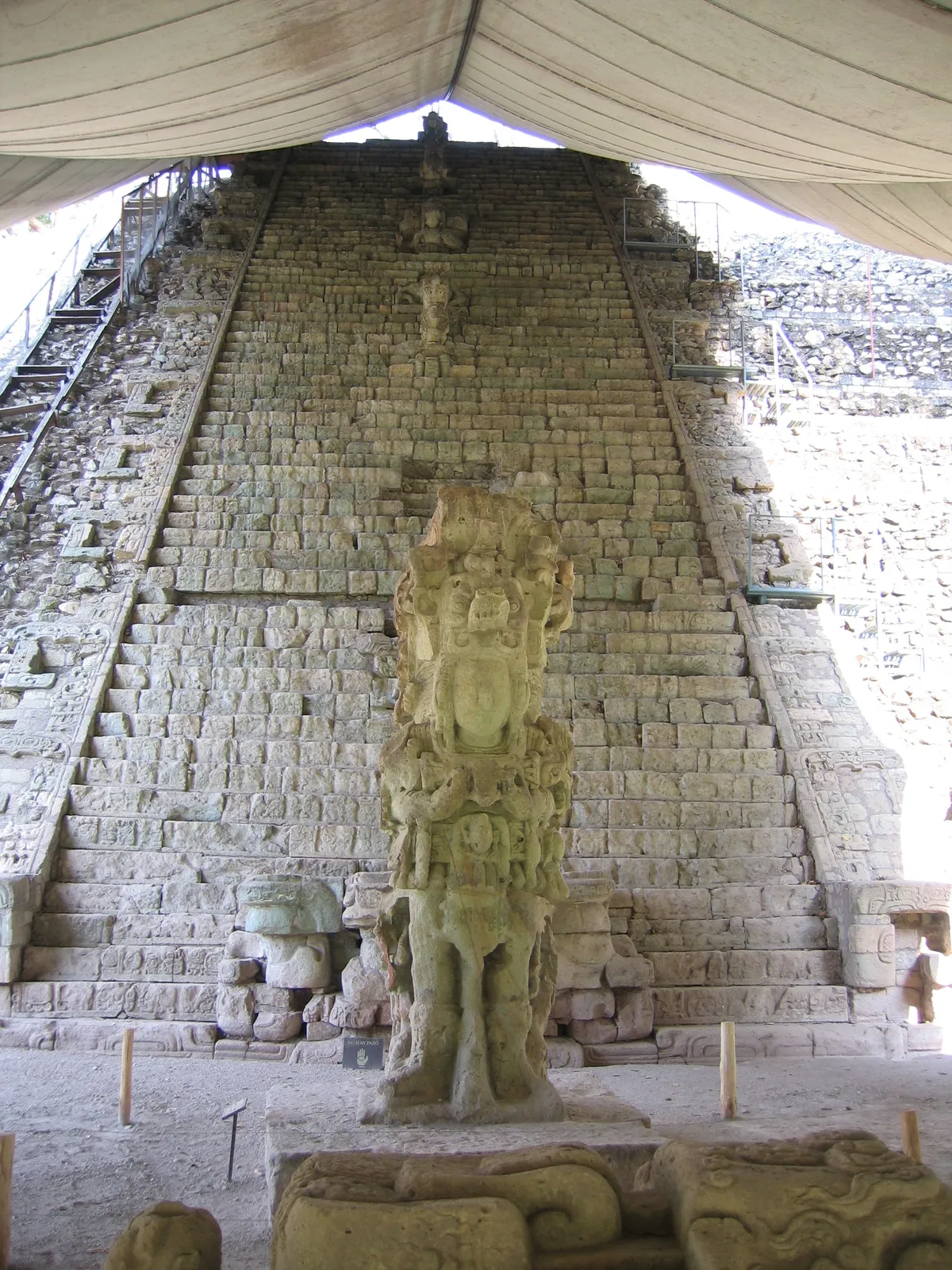 Stela M in the foreground with the Hieroglyphic Stairway rising behind it at the Copán archaeological site