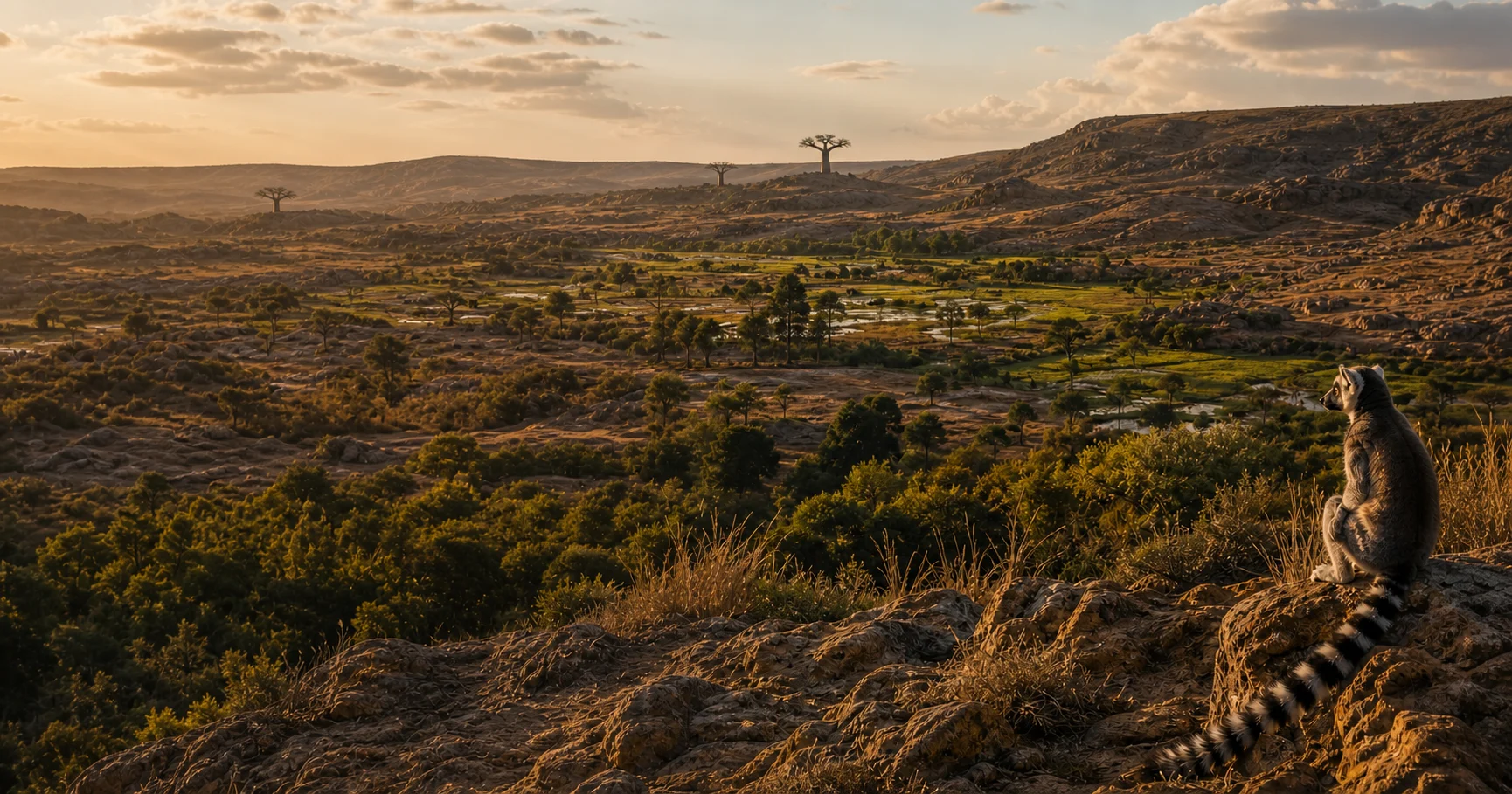 A Ring-tailed Lemur overlooking Madagascar's rocky baobab landscape at golden hour
