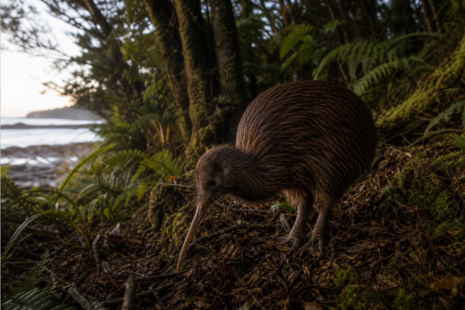 Wild Stewart Island tokoeka foraging at the edge of native coastal forest on Rakiura