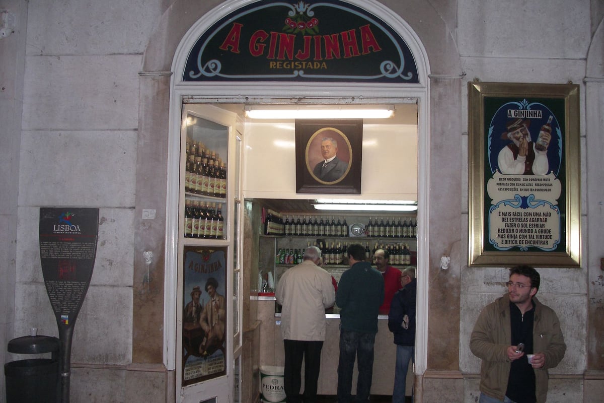 Ginjinha shop in central Lisbon, glasses of the sour cherry liqueur lined up on the counter