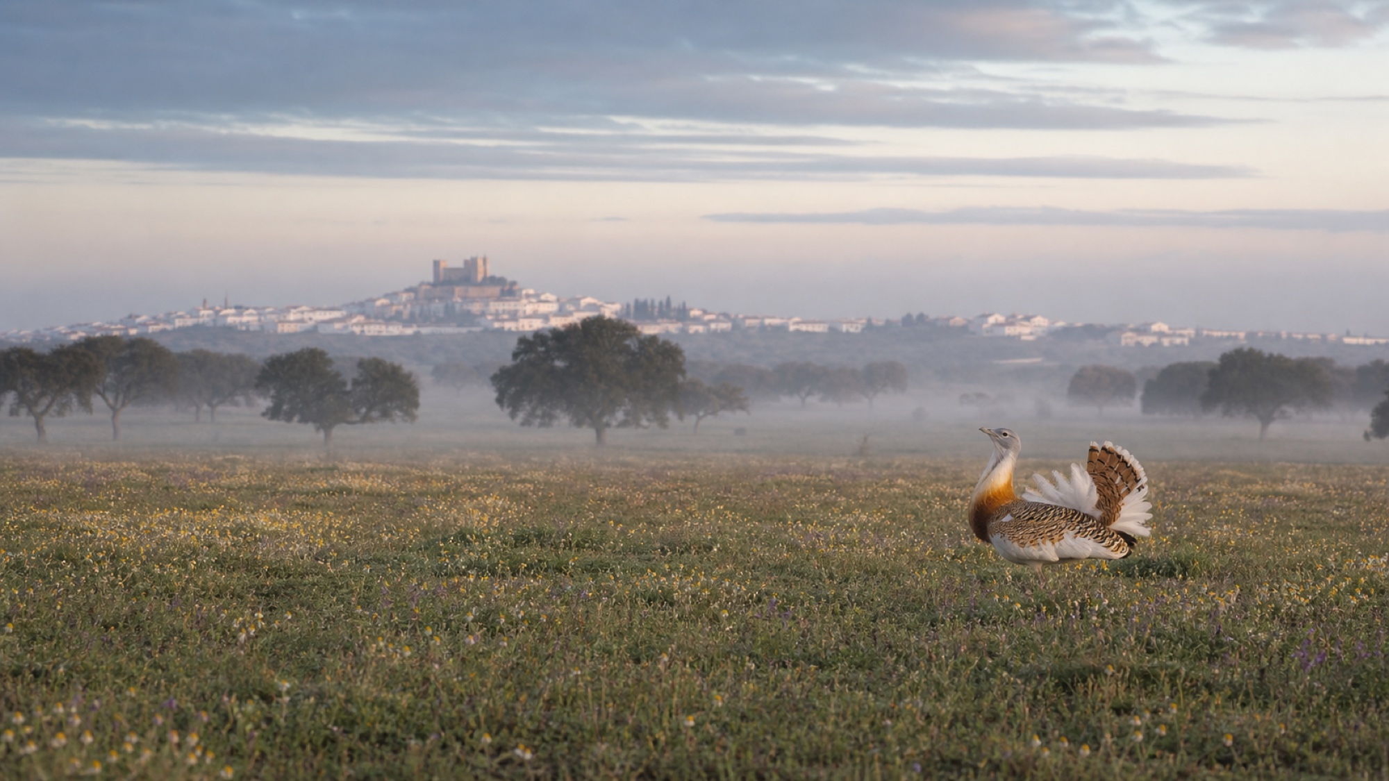 Male Great Bustard displaying on a flower-rich Alentejo plain with a whitewashed Portuguese hill town beyond