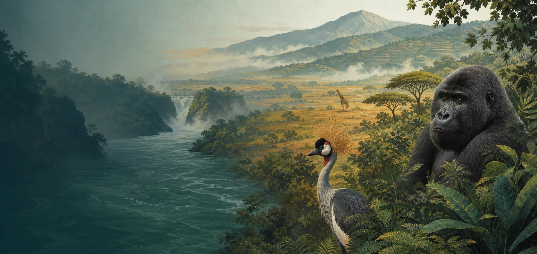 Illustrated panorama of Uganda with Murchison Falls, savannah, terraced mountains, a mountain gorilla and a grey crowned crane
