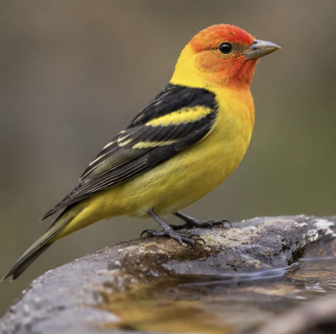 A male Western Tanager standing at the edge of a shallow woodland bird bath