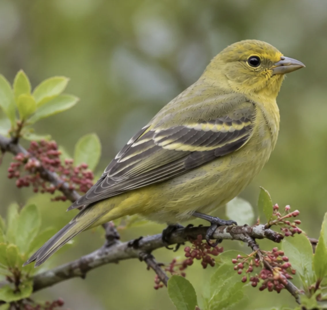 A female Western Tanager perched among leafy branches and clusters of berries