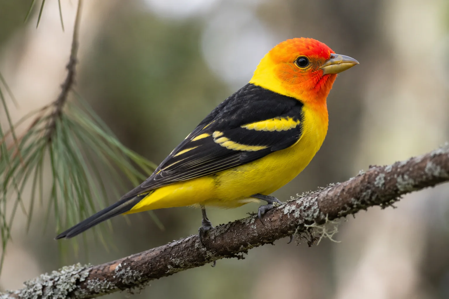 An adult male Western Tanager perched on a lichen-covered conifer branch