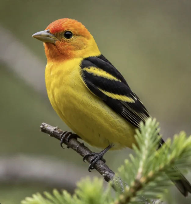A male Western Tanager perched beside fresh pine needles