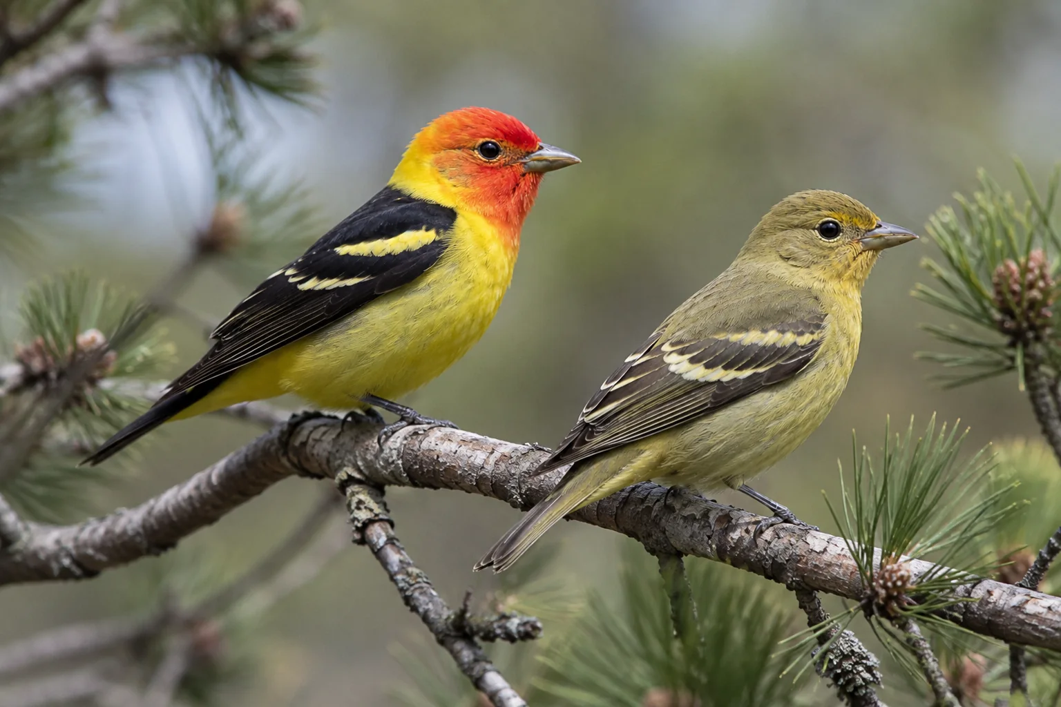 An adult male and female Western Tanager perched together on a pine branch